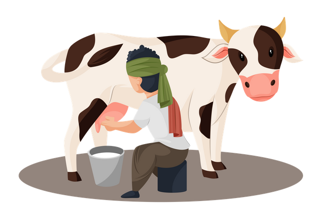 Milkman extrait le lait de la vache dans un seau  Illustration