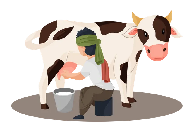 Milkman extrait le lait de la vache dans un seau  Illustration