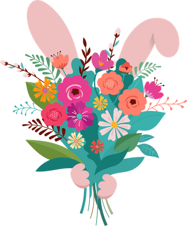 Le lapin de Pâques se cache derrière le bouquet de fleurs  Illustration