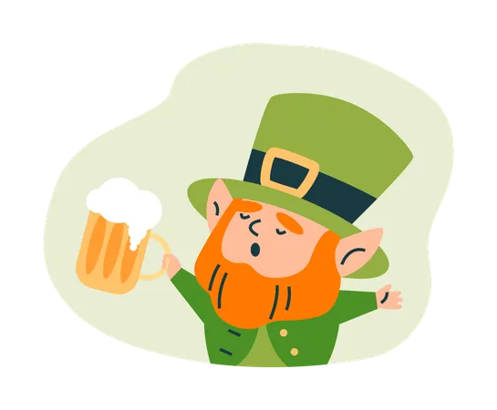 Le lutin de la Saint-Patrick tient une bière et chante  Illustration