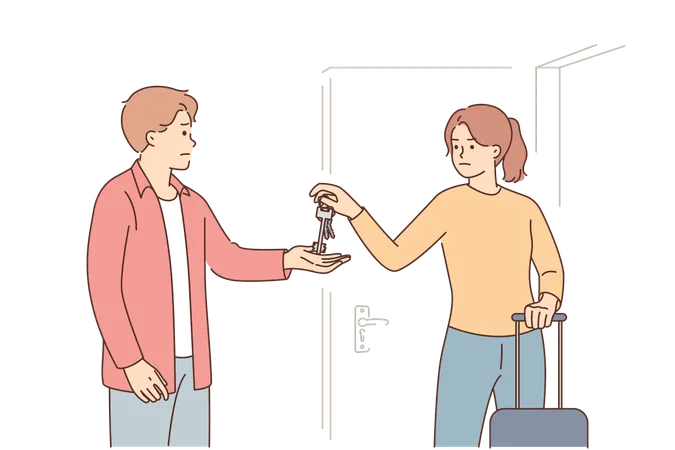 Un mari expulse son ex-femme de l'appartement en se tenant près de la porte et en prenant les clés  Illustration