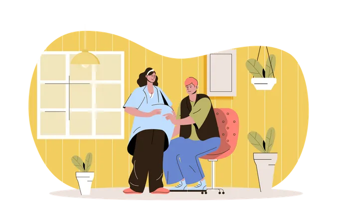 Le mari touche le ventre de sa femme enceinte  Illustration