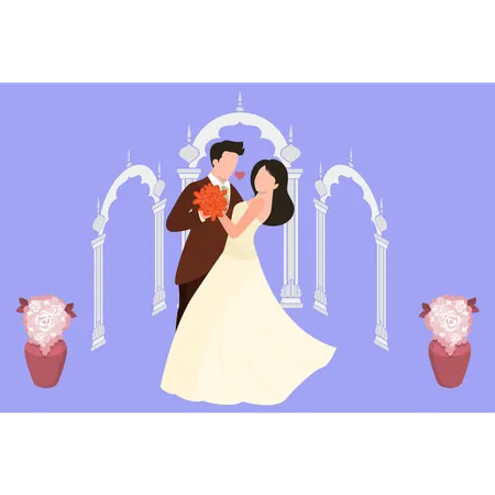 Le marié tient la mariée dans les bras de manière romantique  Illustration