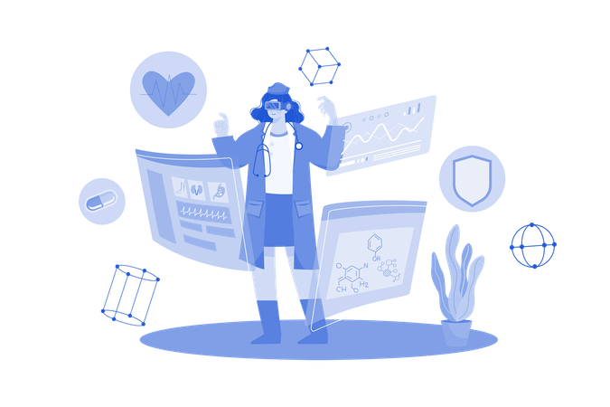 Le médecin étudie la médecine en utilisant la réalité virtuelle  Illustration