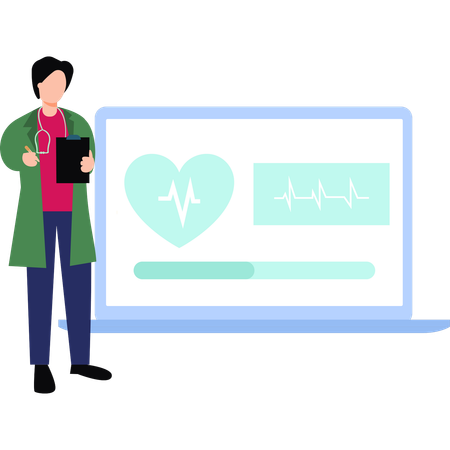 Le médecin vérifie le rapport médical en ligne  Illustration