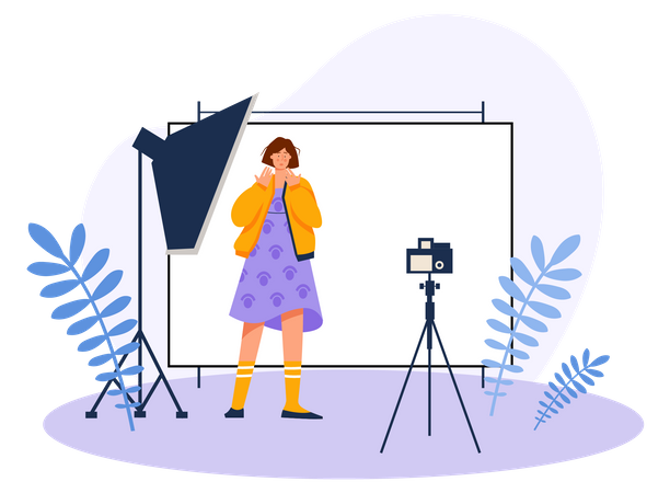Le modèle se prépare pour la prise de vue dans le studio photo  Illustration