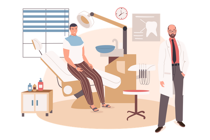 Le patient est assis sur une chaise lors d'un rendez-vous chez le dentiste  Illustration