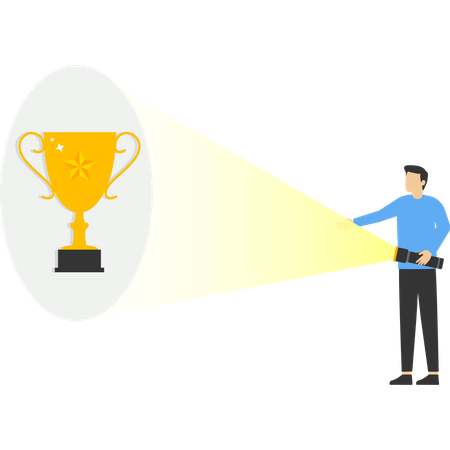 Le patron intelligent utilise la lampe de poche pour trouver le trophée du succès  Ilustración