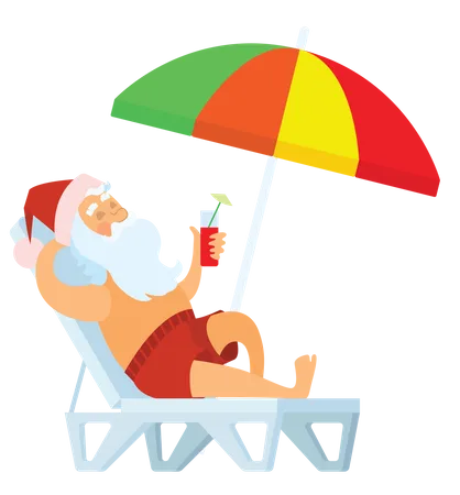 Père Noël dormant sous un parasol et buvant une boisson froide  Illustration