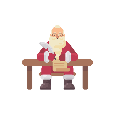 Père Noël assis à son bureau écrivant une lettre à un enfant. Illustration plate de personnage de Noël  Illustration