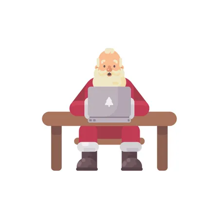 Père Noël assis à son bureau lisant du courrier sur un ordinateur portable  Illustration