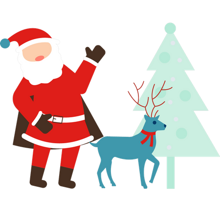 Le Père Noël se tient avec l'arbre de Noël et le renne  Illustration