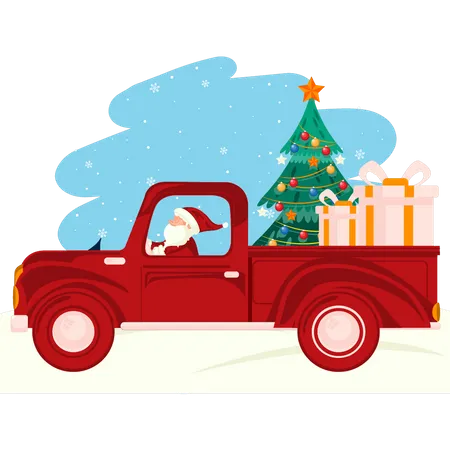 Père Noël conduisant le camion de Noël  Illustration