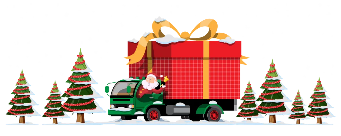 Le Père Noël conduit un camion pour livrer les cadeaux de Noël  Illustration