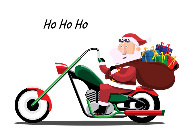 Le Père Noël conduit une moto pour livrer les cadeaux de Noël  Illustration