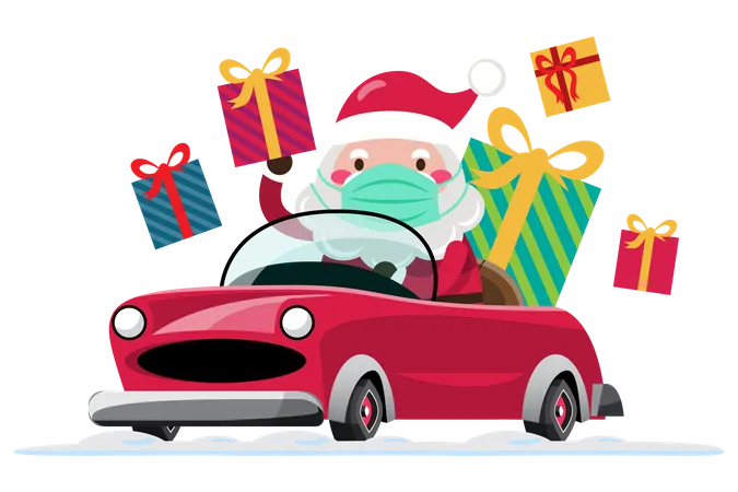 Le Père Noël conduit une voiture pour envoyer des cadeaux de Noël aux enfants du monde entier en portant un masque  Illustration