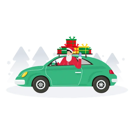 Père Noël conduisant une voiture remplie de cadeaux  Illustration