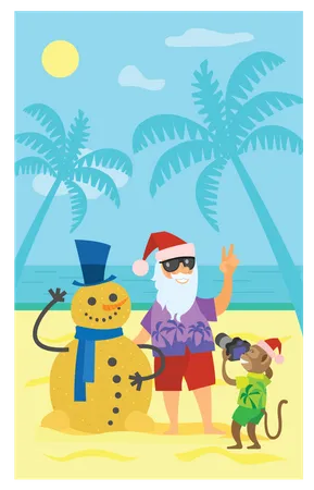 Père Noël donnant la pose avec un homme de sable et un singe en cliquant sur l'image  Illustration
