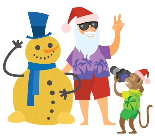 Père Noël donnant la pose avec un homme de sable et un singe en cliquant sur l'image  Illustration