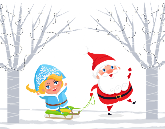 Père Noël et Snow Maiden sur des traîneaux en forêt  Illustration