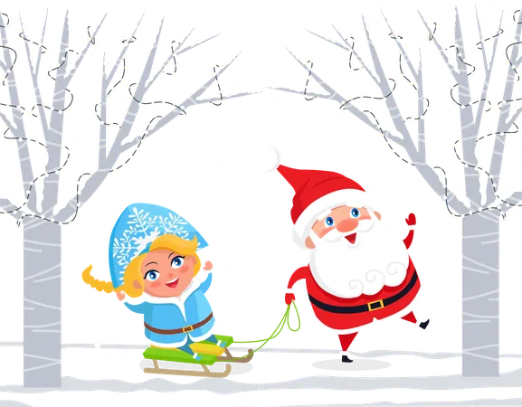 Père Noël et Snow Maiden sur des traîneaux en forêt  Illustration