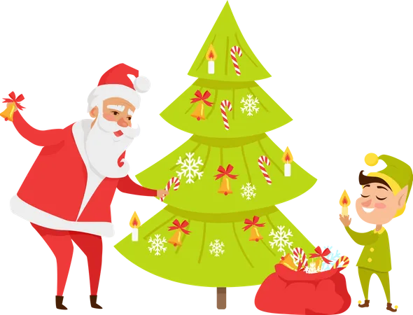 Père Noël et gnome décorant le sapin de Noël avec des bonbons sucrés  Illustration