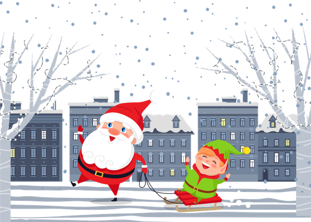 Père Noël et elfe en traîneau marchant dans la ville du soir  Illustration