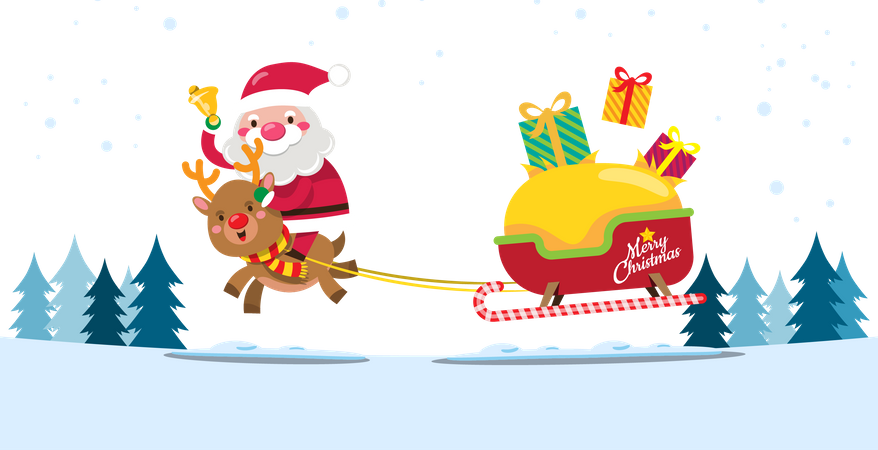 Le Père Noël et ses rennes conduisent un traîneau pour envoyer des cadeaux de Noël aux enfants du monde entier  Illustration