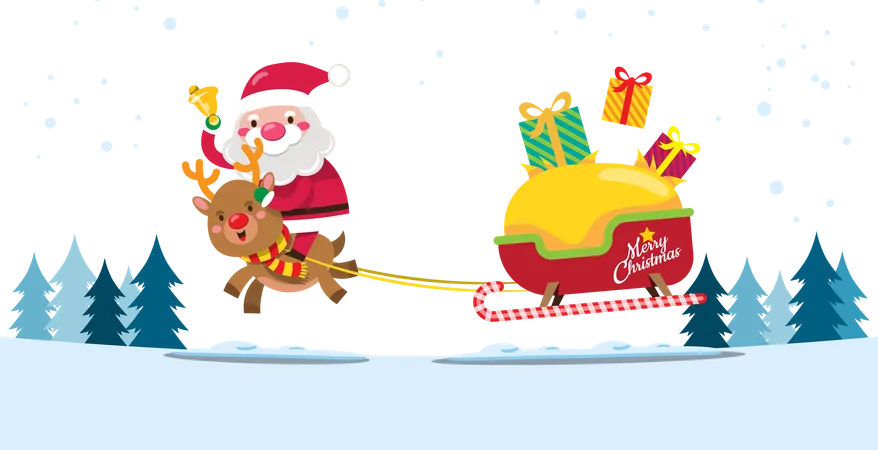 Le Père Noël et ses rennes conduisent un traîneau pour envoyer des cadeaux de Noël aux enfants du monde entier  Illustration