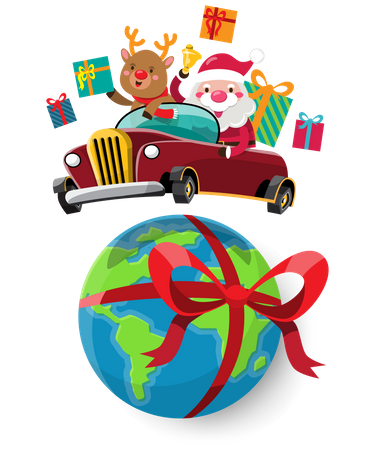 Le Père Noël et son renne conduisent une automobile pour envoyer des cadeaux de Noël aux enfants du monde entier  Illustration