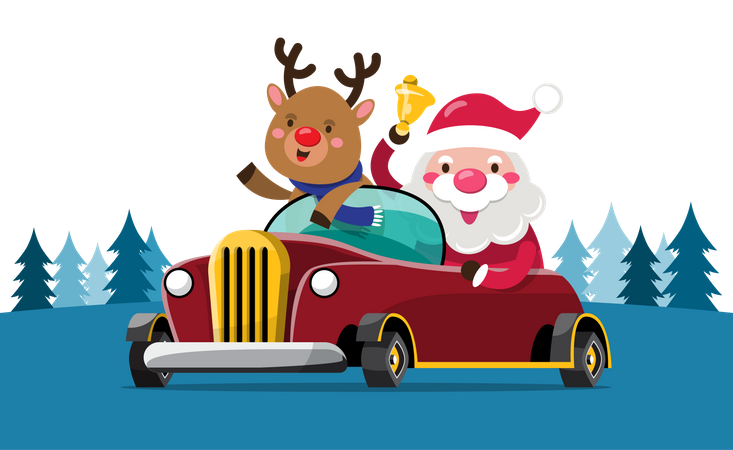 Le Père Noël et son renne conduisent une voiture pour livrer des cadeaux de Noël  Illustration