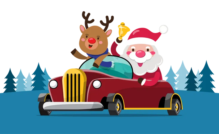 Le Père Noël et son renne conduisent une voiture pour livrer des cadeaux de Noël  Illustration