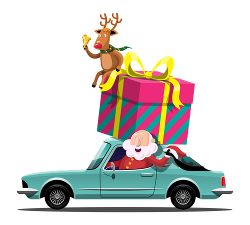 Le Père Noël et son renne conduisent une voiture pour livrer des cadeaux de Noël  Illustration