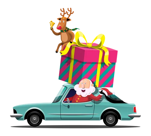 Le Père Noël et son renne conduisent une voiture pour livrer des cadeaux de Noël  Illustration