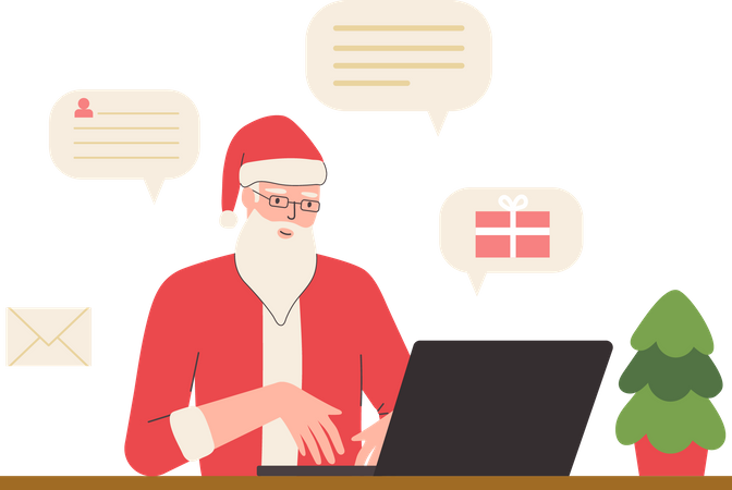 Le Père Noël lit des lettres et envoie des cadeaux en ligne  Illustration