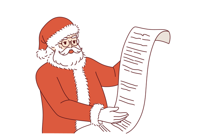 Le Père Noël lit la liste de souhaits et se réjouit à l'approche du Nouvel An ou des vacances de Noël  Illustration