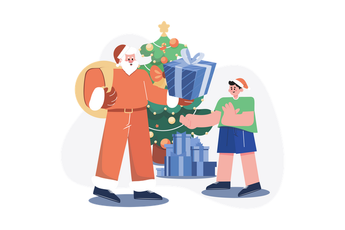 Le père Noël donne des cadeaux de Noël à un garçon  Illustration