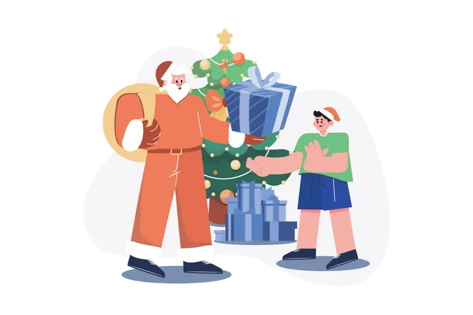 Le père Noël donne des cadeaux de Noël à un garçon  Illustration