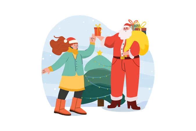 Le père Noël offre un cadeau de Noël à une fille  Illustration