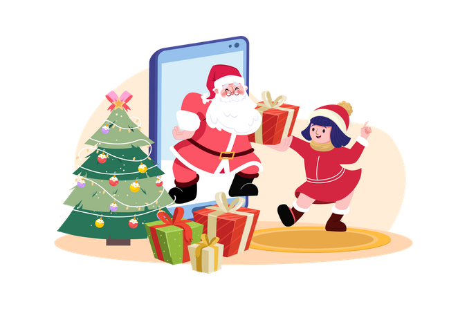 Le Père Noël offre un cadeau de Noël aux enfants par mobile en ligne  Illustration