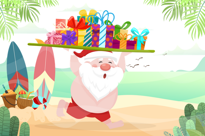 Père Noël portant un maillot de bain et portant une planche de surf avec des coffrets cadeaux courant sur la plage  Illustration