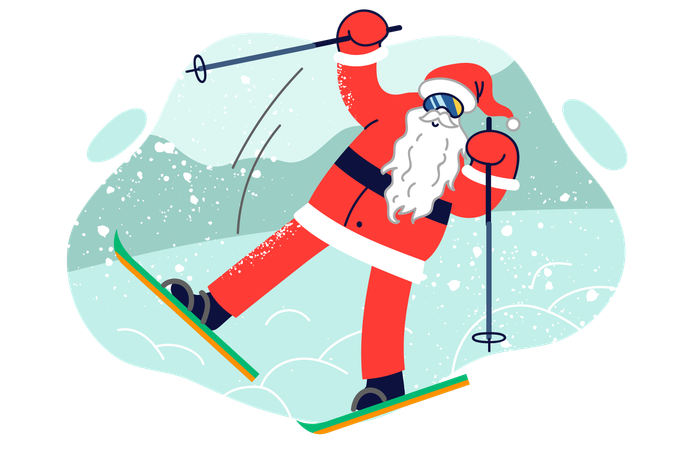 Le père Noël se tient sur des skis pour se précipiter à la fête de Noël ou à la célébration du nouvel an  Illustration