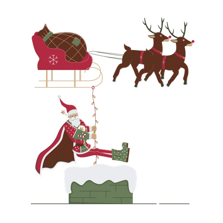 Père Noël sortant de la cheminée de la maison  Illustration