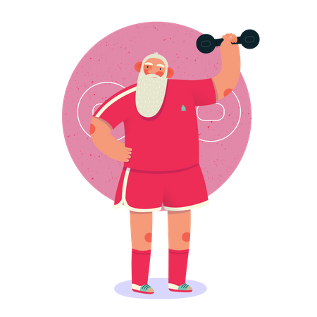 Père Noël soulevant des haltères dans une salle de sport  Illustration