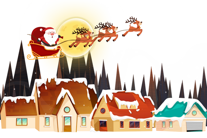 Père Noël volant avec un traîneau la nuit de Noël  Illustration