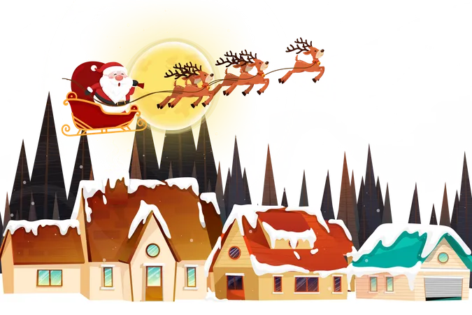 Père Noël volant avec un traîneau la nuit de Noël  Illustration