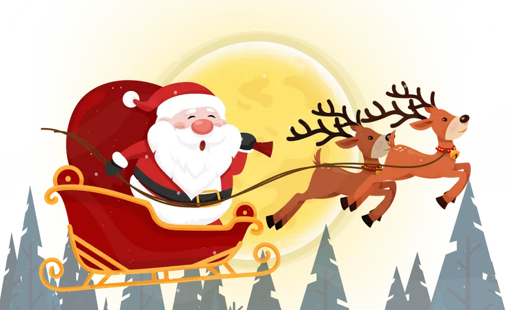 Père Noël volant dans le ciel en traîneau avec des rennes la nuit  Illustration