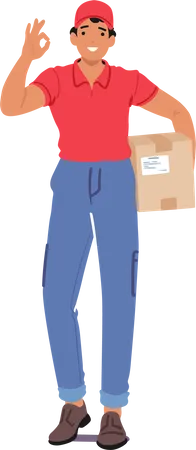 Le personnage masculin de courrier affiche en toute confiance un geste correct tout en tenant un colis  Illustration