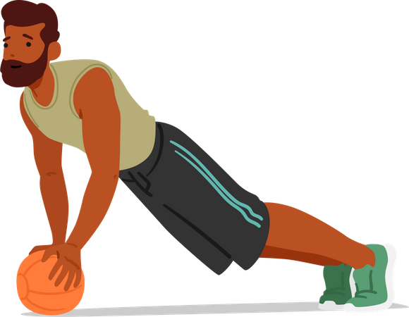 Le personnage de Fitness Man effectue des pompes à l'aide du ballon de stabilité  Illustration