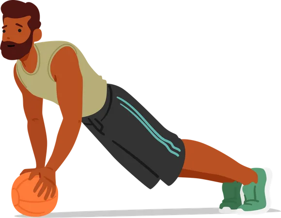 Le personnage de Fitness Man effectue des pompes à l'aide du ballon de stabilité  Illustration